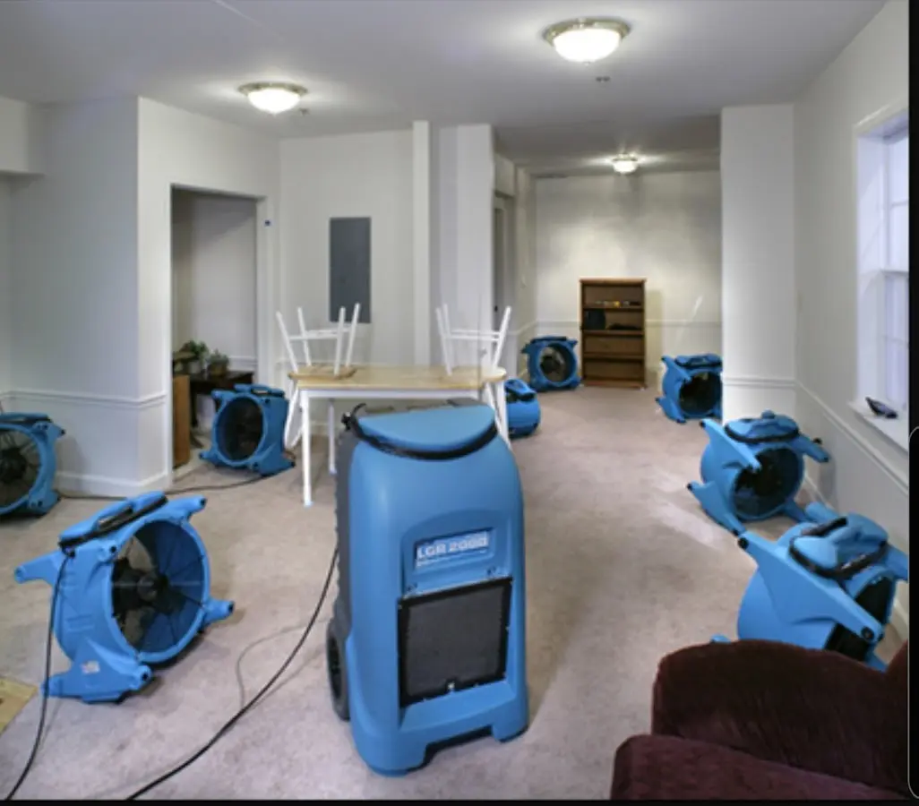 Air movers and dehumidifier setup for Water Damage Restoration in Broadalbin